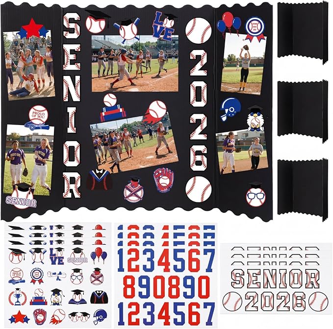 Resurhang 4 Set 24''x16'' Baseball Senior Night Gifts Senior 2026 Trifold Poster Board Photo Display Board with 12 Sheet Sports Themed Stickers for Graduation Picture Frame Sport Theme Party Supplies