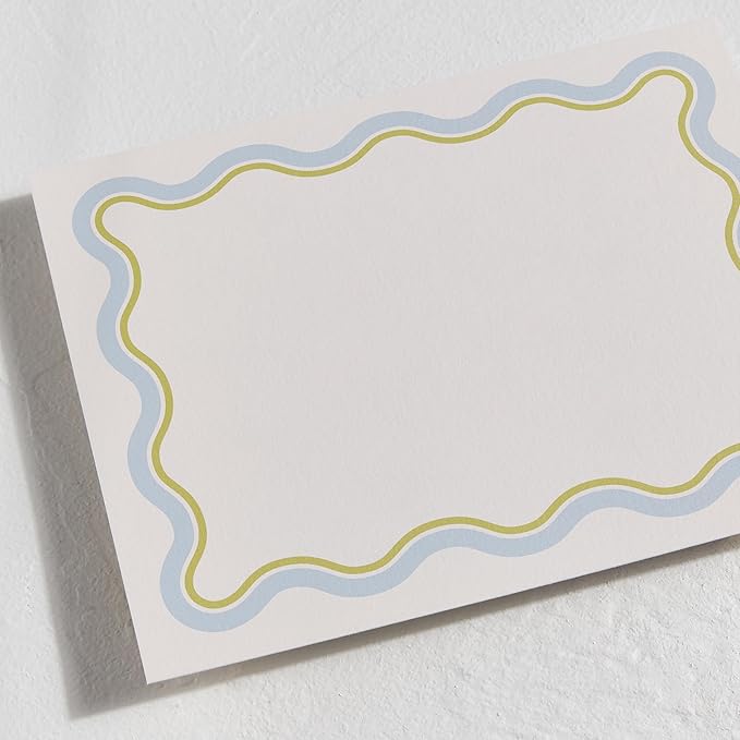 Minted Squiggled Stationery Set, Set of 10, Flat Note Cards & Envelopes for Invitiations and Handwritten Thank You Messages, Pale Blue & Chartreuse Border, Gifts for Men and Women, Luxurious Paper