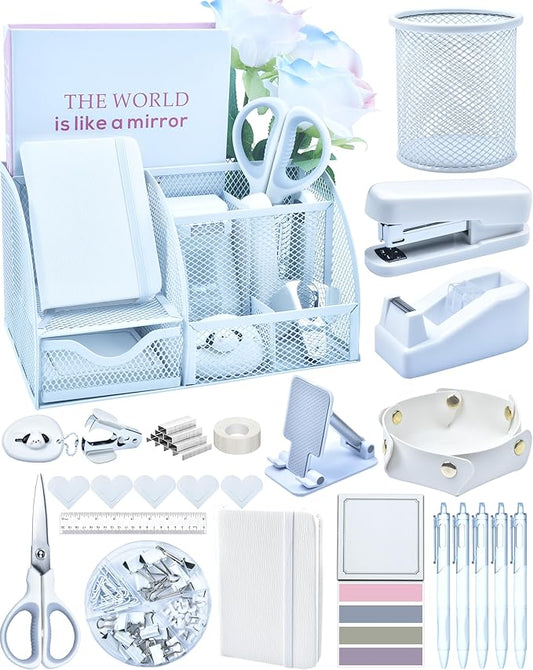 White Desk Accessories, 25Pcs White Office Supplies and Desk Organizers, with Tape Dispenser, Stapler, Staple Remover, Ect, Gift Box Packaging