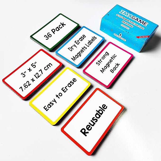 IMAGAME 36 Pack Magnetic Dry Erase Labels - Magnetic Blank Cards with Color Borders, Reusable Magnetic Name Tags - Dry Erase Labels for Home, Office, Classroom - 3 x 5 Inches