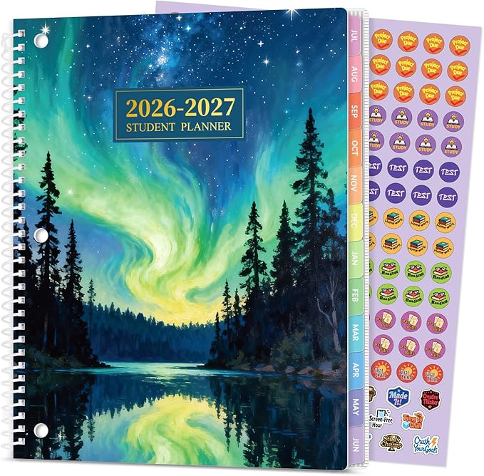 Student Planner 2026-2027, SUNEE Middle or High School Student Planner for Academic Year Jul. 2026 - Jun. 2027, 8.5"×11" Lesson Plan Book with 3-Hole Punched, Bookmark, Planning Stickers, Aurora Sky