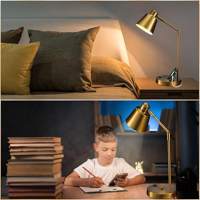 Anxingtools LED Desk Lamp with Dual USB Charging Ports, 100% Metal, 270° Swivel Arms, Soft White Light (3000K), Bedside Reading Lamp, Home Office Lamp(Golden)