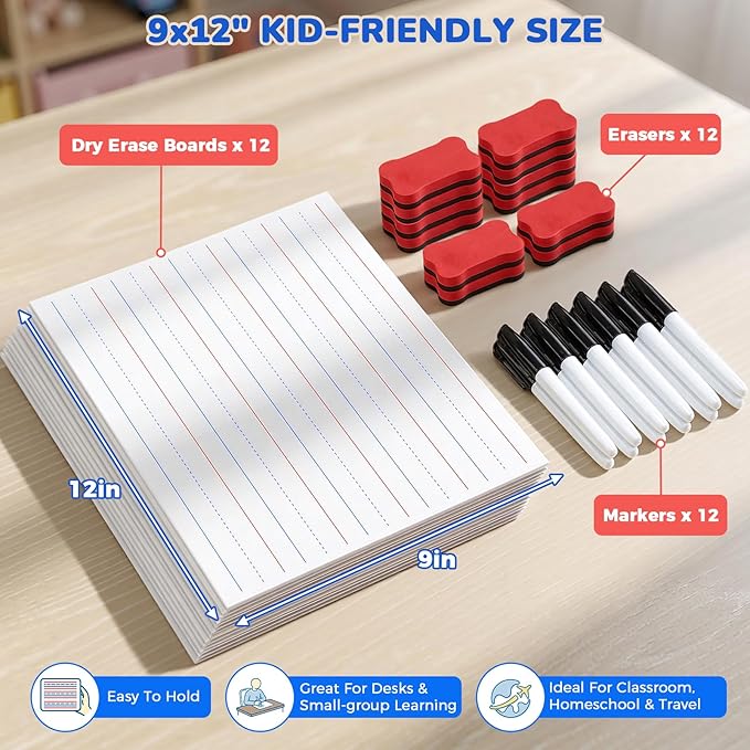 GAMENOTE White Board Dry Erase, Small Magnetic Lined White Board Set, Double Sided Magnet Ruled Lap Boards Whiteboard for Kids and Student Learning, 9x12 Inches (Pack of 12)