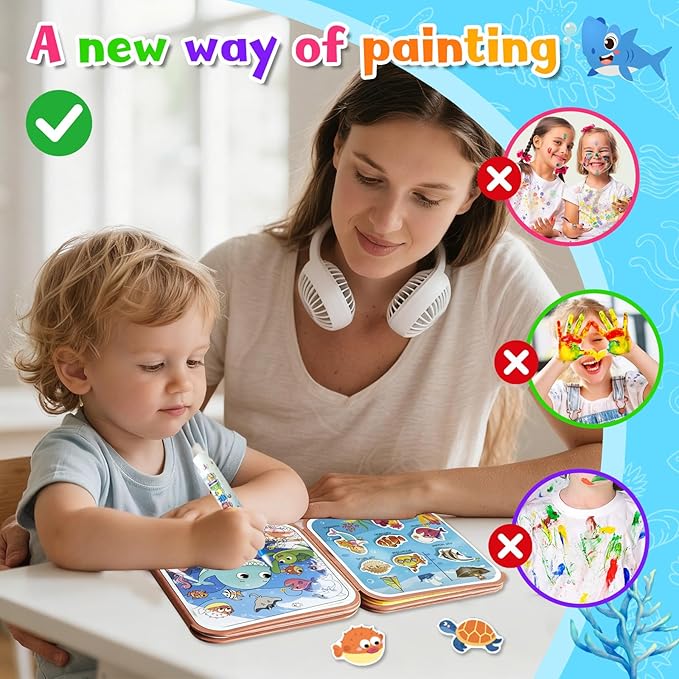 Double-Sided Magical Water Coloring Book for Kids, Reusable Quiet Water Reveal Activity Book with Water Pen, Creative DIY Water Drawing Painting Sticker Busy Books for 3 +Year Old Boys Girls Toddlers