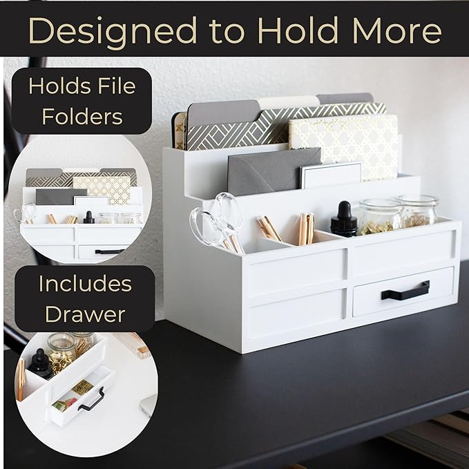 BLU MONACO | White Desktop Organizer with Drawer Storage | Tabletop Organizer with Drawers for Paper Bills Mail | Wooden Mail Organizer for Countertop Workspace