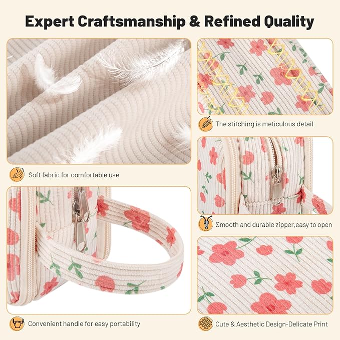 Cute Corduroy Pencil Case with Handle, Extra Large 4 Compartment Multiple Pockets Aesthetic Pencil Pouch Organizer for Teen Girls, School & College Supplies (Cherry)