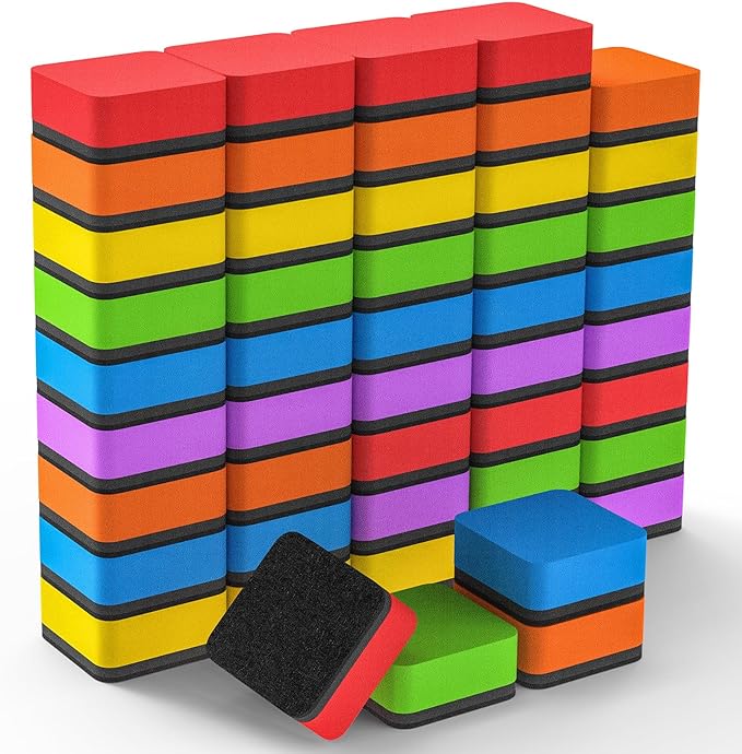 MaxGear Whiteboard Erasers, 48 Pack Magnetic Dry Erase Eraser, Mini Whiteboard Cleaning Pads for Classroom, Chalkboard Wiper Teacher Supplies for School, Office, Home, 6 Rainbow Color Set, 2 x 2 Inch