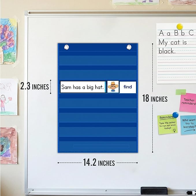 Magnetic Pocket Chart for Classroom - Small 7 Pocket Chart for Word Wall Sentence Strips Daily Schedule Sticker Display, Blue Teacher Supplies for Preschool Elementary & Home