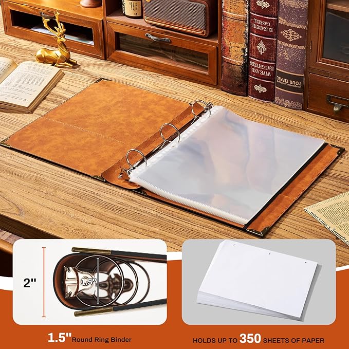 Ovesmusl PU Leather 3 Ring Binder Fits 8.5"x11" Letter Size Paper, 1.5 Inch Round Ring Binder Holds 350 Sheets, Notepad Paper Cover Loose Leaf Organizer, Black Tree