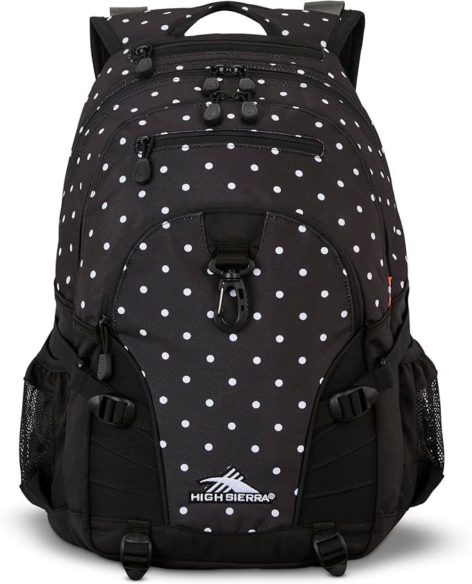 High Sierra Loop Backpack, Travel, or Work Bookbag with tablet sleeve, One Size, POLKA DOTS/BLACK