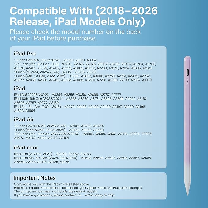 Stylus Pen for iPad 2018-2026, 2X Fast Charge Active Pencil with Tilt Sensitivity & Palm Rejection, iPad 11/10/9/8/7/6/A16, Air M4/M3/M2, Pro M5/M4, Mini 7/6/5 (Purple)