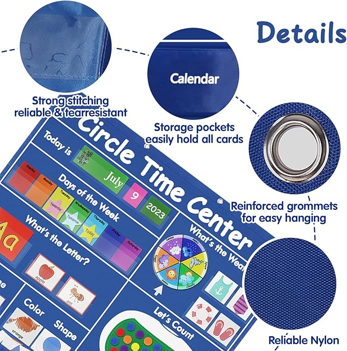 Circle Time Learning Center-Montessori Toy for 3 4 5 Year Old Pocket Chart Calendar Set Learning Calendar Weather,Alphabet,Counting Number,Color,Classroom Calendar Pocket Chart for Homeschool Supplies