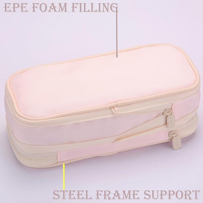 Large Capacity Canvas Pencil Case Organizer Holder Pouch Bag with Zipper Compartments, Pen Cases for Women Girls School Adults (Pink)
