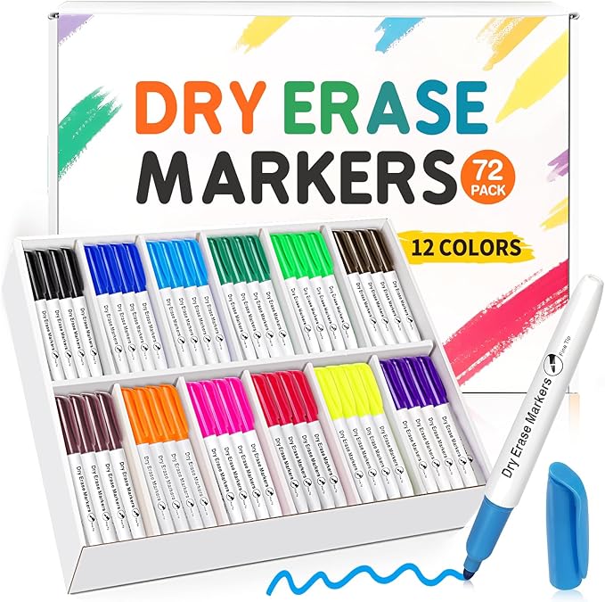 V-Opitos 72 Pack Fine Tip Dry Erase Markers - Bulk Whiteboard Erasable Markers in 12 Colors, Ideal for School Classroom Office Supplies, Non-Toxic & Easy Clean for White board