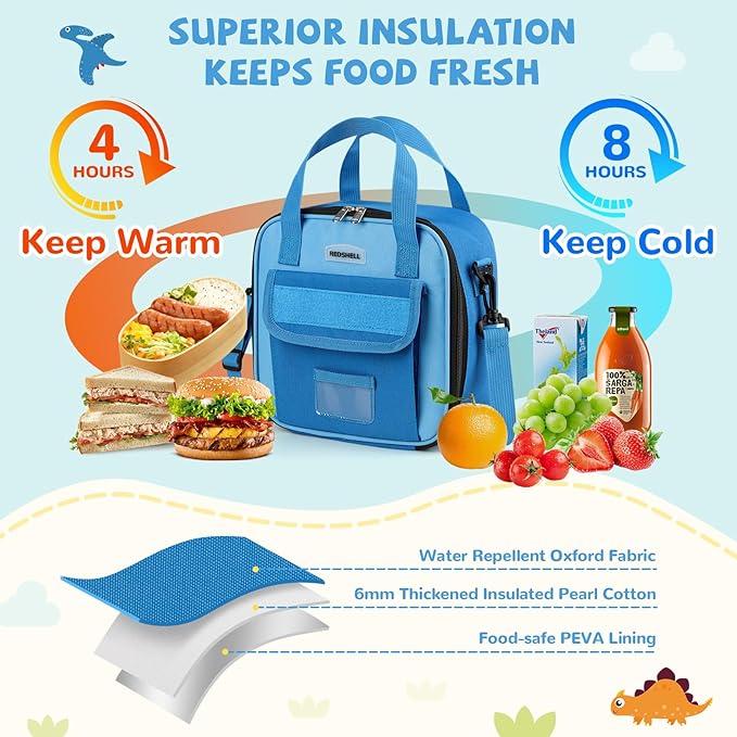 REDSHELL Tactical Lunch Box Kids, Large Insulated Lunch Bag for Boys, Cooler Lunchbag, Square Toddler Lunchbox, School Daycare Lunch Tote Pail with Water Bottle Holder Shoulder Strap, Dark Blue