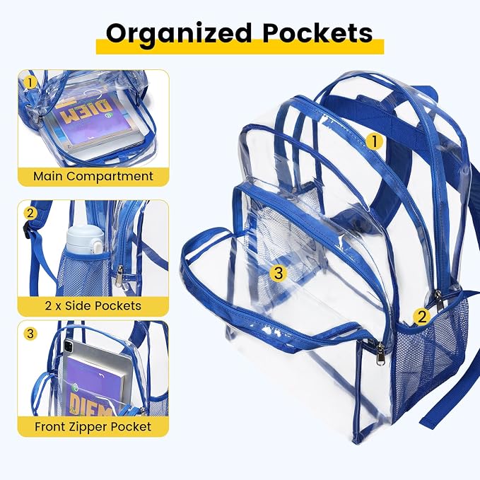 Vorspack Clear Backpack Heavy Duty - Large Clear Backpacks Transparent Bookbag for Girls Boys Large See Through Bag for Work, College, Concert - Blue