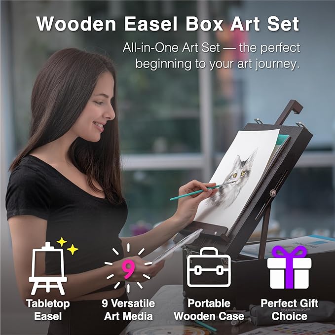 COLOUR BLOCK 152 Wooden Easel Art Supplies Set, Professional Painting and Drawing Kit with Acrylic Paints, Watercolor Paints, Sketch Pad, and Pencils for Adults and Mixed Media Artists