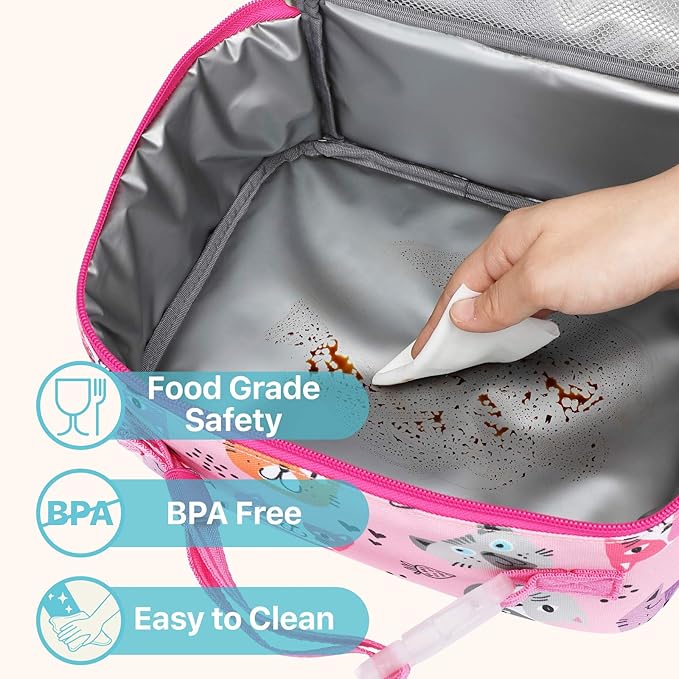 Bagseri Kids Lunch Bag Girls - Thermal Insulated Lunch Box Tote with Water Bottle Holder, Reusable Leak-Proof Kids Lunch Box for Daycare & School, Pink Cat (Containers Not Included)