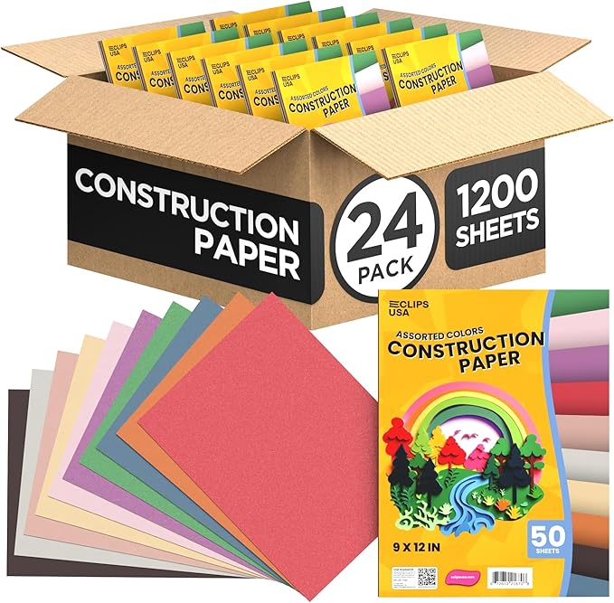 Construction Paper Bulk (1200 Sheets) 9 x 12 Construction Paper for Kids Color Art Paper Assorted Colors 50 Sheets Per Pack (24 Pack)