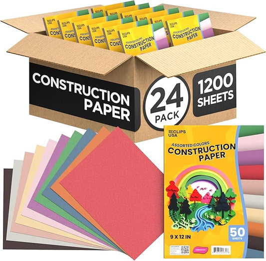 Construction Paper Bulk (1200 Sheets) 9 x 12 Construction Paper for Kids Color Art Paper Assorted Colors 50 Sheets Per Pack (24 Pack)