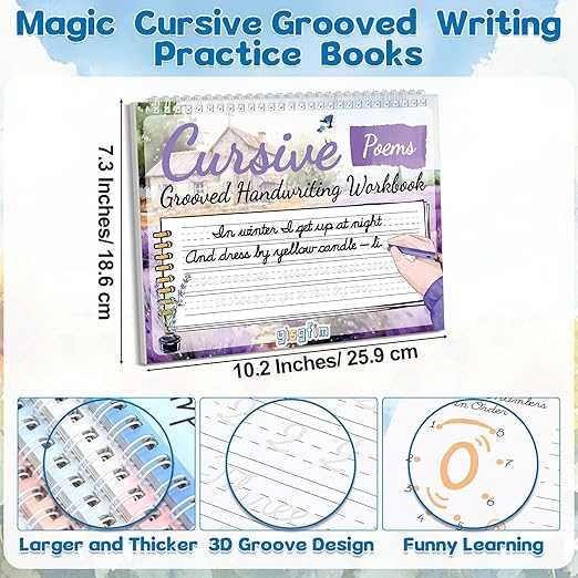 gisgfim 4 Pack Grooved Cursive Handwriting Workbook Kit Magic Reusable Grooved Handwriting Practice with Disappearing Ink Pens Cursive Workbook for Kids Number Poems Jokes & Riddles Inspiring Quotes