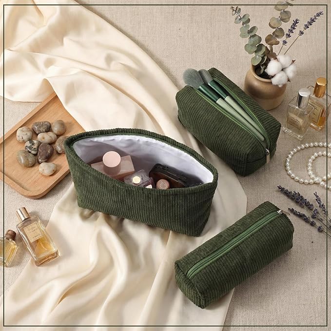 Huhumy 3 Pcs Makeup Bag Set for Women Corduroy Cosmetic Pouch Aesthetic Smile Travel Toiletry Bag Cute Purse Pouch Pencil Case Makeup Brushes Storage Organizer with Zipper(Army Green,Solid Style)