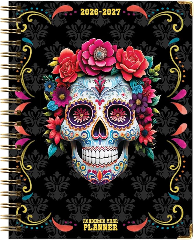 HARDCOVER Academic Year 2026-2027 Planner: 14 Months (May 2026 Through June 2027) 8.5"x 11" Daily Weekly Monthly Planner Yearly Agenda. Bookmark, Pocket Folder and Sticky Note Set (Sugar Skull)