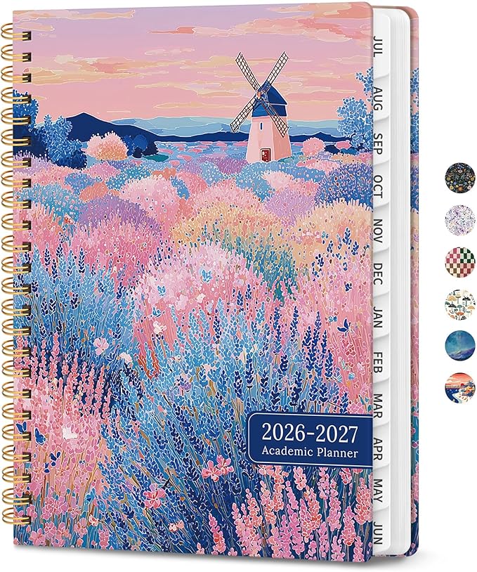 Planner 2026-2027, Academic Planner Weekly and Monthly, Jul 2026 - Jun 2027, Spiral Bound School Planning Tool with Tabs and Pocket, Perfect for Students & Teacher, 6.3" x 8.5", Windmill Fields