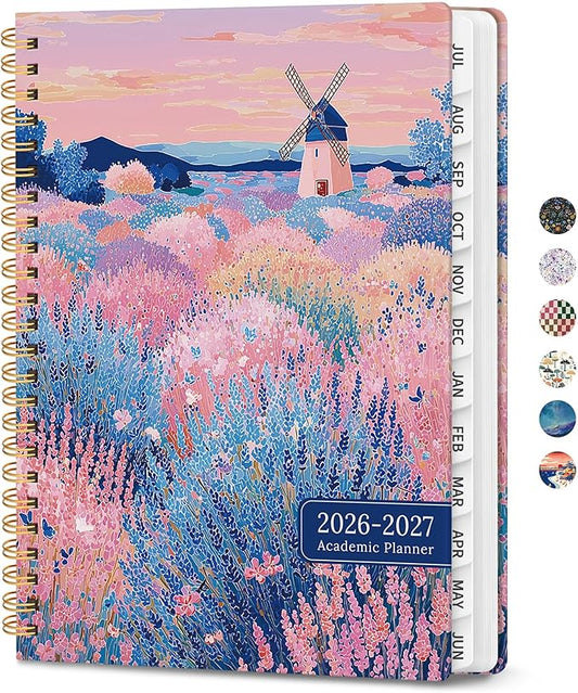 Planner 2026-2027, Academic Planner Weekly and Monthly, Jul 2026 - Jun 2027, Spiral Bound School Planning Tool with Tabs and Pocket, Perfect for Students & Teacher, 6.3" x 8.5", Windmill Fields