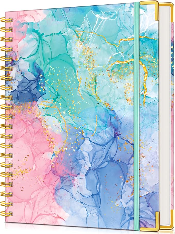 Lined Spiral Notebook Journal for Women, 150 Pages Cute Notebooks 5.75” x 8.38”, A5 Hardcover Spiral Journals with 100 GSM Thick Paper, College Ruled Notebook for Writing Work School, Pink Blue Marble