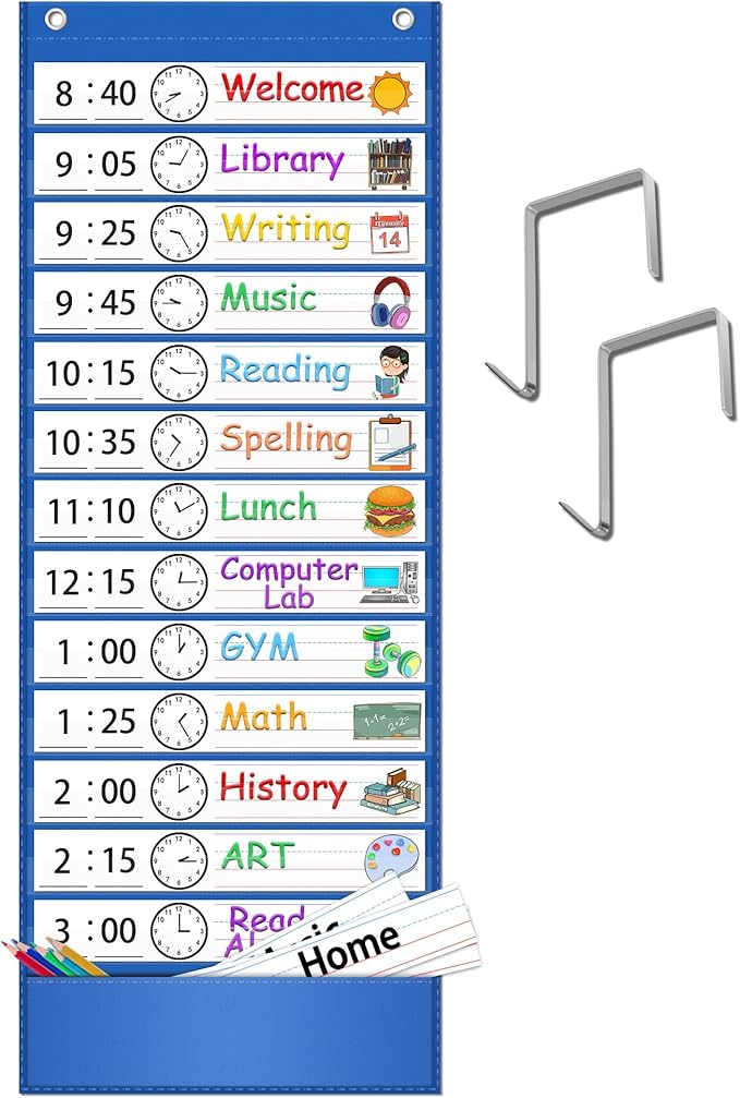 AKAYOK -13+1 Pocket Daily Schedule Pocket Chart, Ultra-Durable Visual Schedule for Kids -Pocket Chart for Classroom Office Home -Reusable Daily Schedule for Kids -Reversible Chart for Sentence Strips