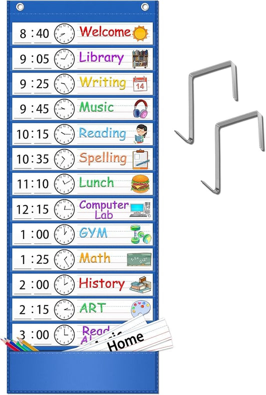 AKAYOK -13+1 Pocket Daily Schedule Pocket Chart, Ultra-Durable Visual Schedule for Kids -Pocket Chart for Classroom Office Home -Reusable Daily Schedule for Kids -Reversible Chart for Sentence Strips