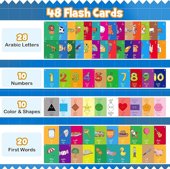 48 Arabic Toddler Flash Cards, Baby Cognitive Flashcards for Kids, Learn Arabic Letters, Number, Color, Shape & Sight Words, Educational Toys with English Transliteration for Preschool Kindergarten