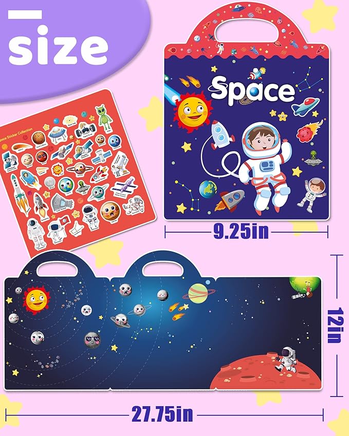 Benresive Reusable Sticker Book for Toddlers, Travel Stickers for Kids, Toddler Crafts Activities Toys, Birthday Gifts for Boys & Girls - Space