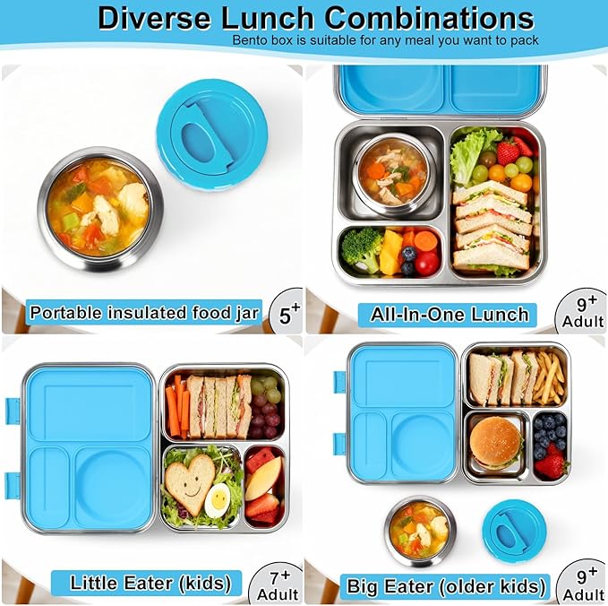 Stainless Steel Bento Lunch Box：7+ Older Kids，Teens ＆ Adult with Insulated Food Jar,Leakproof 3-Compartment,BPA-Free, Eco-Friendly,Dishwasher Safe, Large-Capacity Box, School,Office,Travel （Blue)
