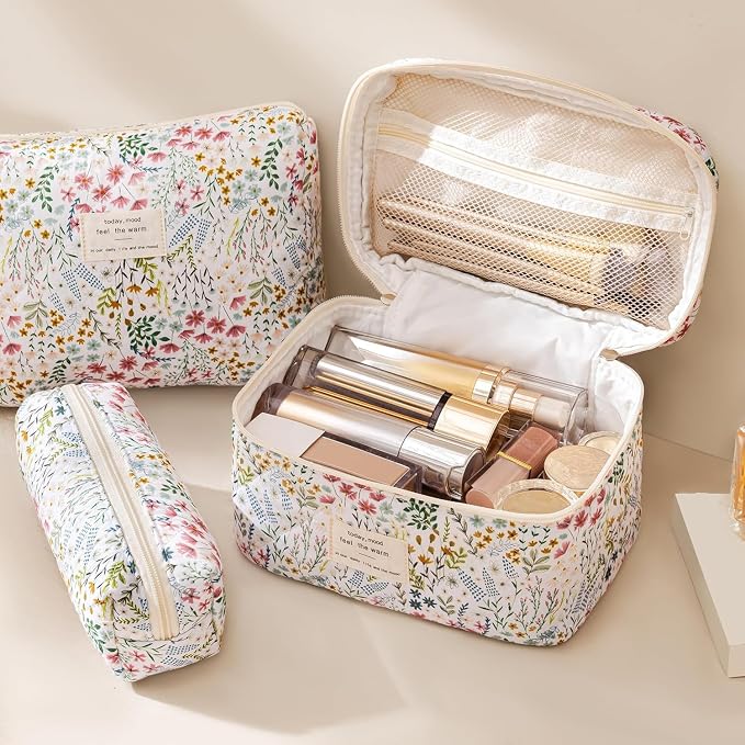 HBselect Quilted Makeup Bag, 3Pcs Cotton Large Travel Makeup Bags Organizer | Cute Floral Make up Bag Cosmetic Bag Toiletry Bag for Women Girls, Makeup Pouch for Skincare, Brushes & Travel Essentials