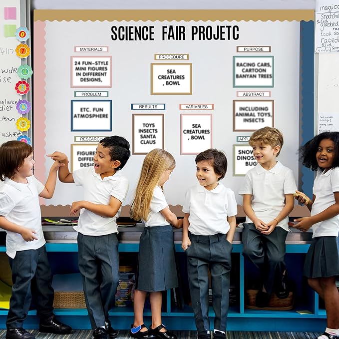 Sinload 92 Pcs Science Fair Board Supplies 60 Trim Scalloped Poster Boards 18 Presentation Subtitles 6 Project Titles 8 Letter Sticker for Classroom Display Boards(Classic Color,Wave)