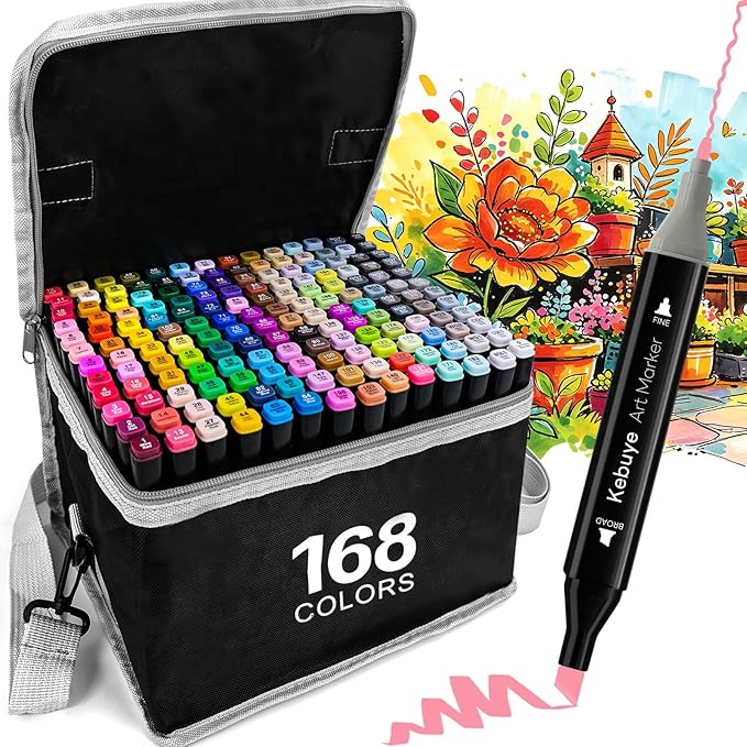 Kebuye 168 Colors Alcohol Markers Set, Professional Drawing Markers for Artist Adult Coloring Books Black Permanent Dual Tip Art Markers with Holder, Coloring Marker for School Sketching Coloring