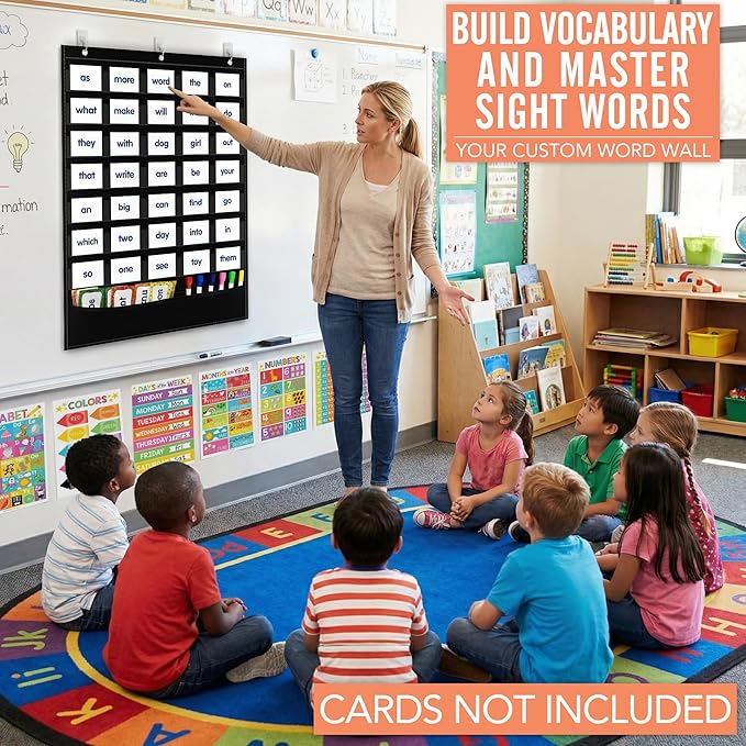 Standard Pocket Chart for Classroom - 7+1 Black Pocket Chart for Alphabet Learning Word Wall Calendar Daily Schedule Sentence Strips Sticker Display, Teacher Supplies for Preschool Kindergarten & Home
