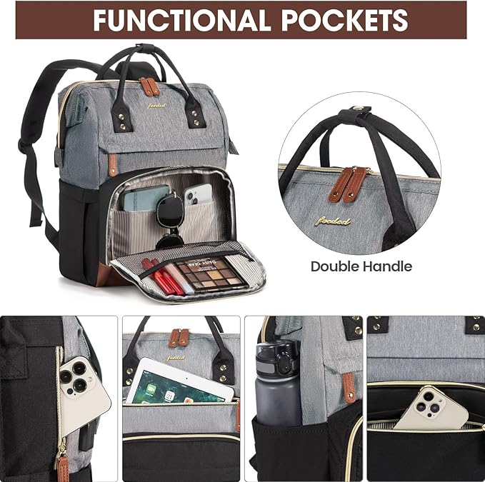Focdod Laptop Backpack for Women Bag 15.6 Inch Work Business Backpacks Purse with USB Port Large Capacity Nurse Bag Backbag, Casual Daypack for Travel, Black-Grey-Brown