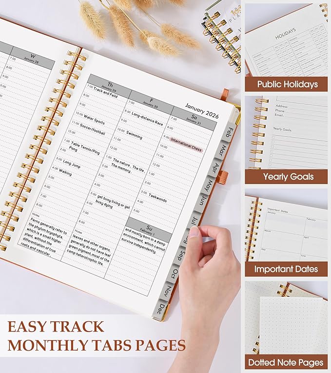 2026 Planner, Weekly and Monthly Calendar Planner from January 2026 - December 2026, 8.5" x 11" Hardcover Leather Hourly Appointment Book with Tabs, Spiral Daily Planners for College School Work Home, Brown