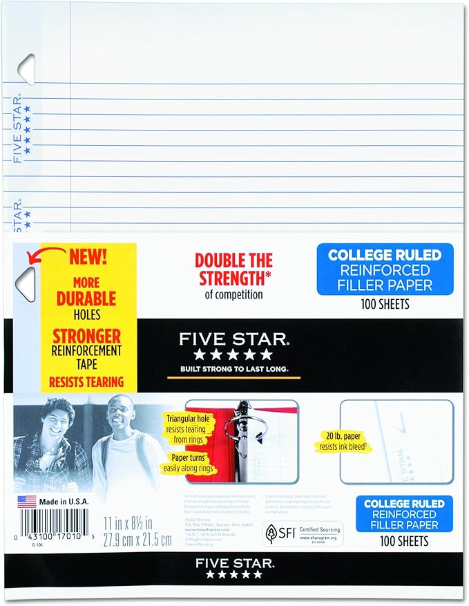 Five Star 17010 Reinforced Filler Paper, 20lb, College Rule, 11 x 8 1/2, White, 100 Sheets
