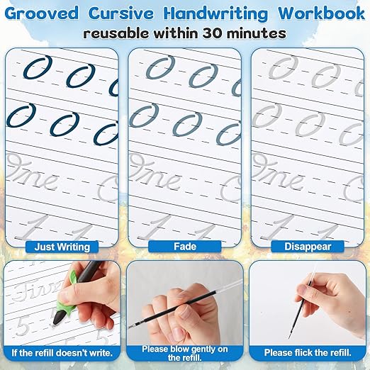 gisgfim Grooved Cursive Handwriting Workbook Magic Reusable Grooved Cursive Handwriting Practice Guided Tracing with Disappearing Ink Pens for Beginners Kids Learning Activities Supplies (Number)