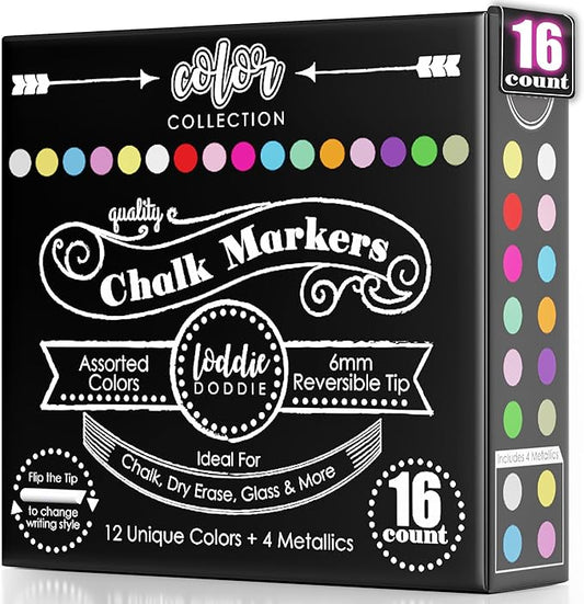 Loddie Doddie Chalk Markers - Pack of 16, Reversible 6mm Tips - Vibrant Chalkboard Designs with Chalkboard Markers - Easy Erase on Glass & Whiteboards with Dry Erase Pen