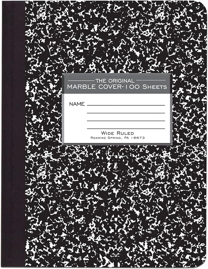 ROARING SPRING Hard Cover Composition Notebook, 24 Pack, Black Marble Comp Book, 9.75″ x 7.5″, Wide-Ruled with Margin, 100 Sheets (200 Pages), Made in USA