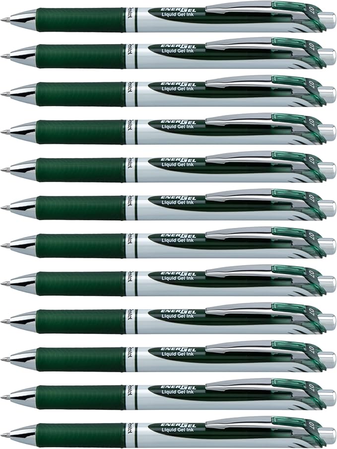 Pentel EnerGel RTX Retractable Liquid Gel Ink Pen, (0.7mm) Medium line, Forest Green Ink, Box of 12 Pens (BL77-D3)