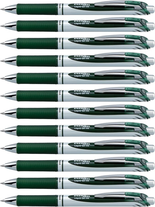 Pentel EnerGel RTX Retractable Liquid Gel Ink Pen, (0.7mm) Medium line, Forest Green Ink, Box of 12 Pens (BL77-D3)