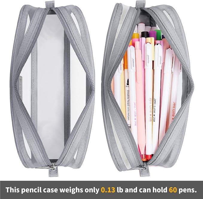 Grid Mesh Pencil Case Pouch Large Capacity Pencil Bag with Zipper | Big Pencil Pouch Grey Simple Stationery Bag Aesthetic Pen Bag for School Teen Girl Boy Multi-Purpose Bag for Office Men Women