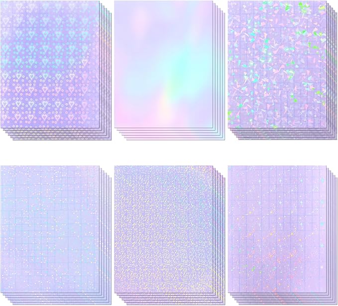 36 Sheets Holographic Laminating Sheets, 8.5x11 Inch Clear Holographic Sticker Paper with Self-Adhesive Waterproof Vinyl Overlay, 6 Patterns Transparent Laminate Film for DIY Stickers, Photos, Crafts