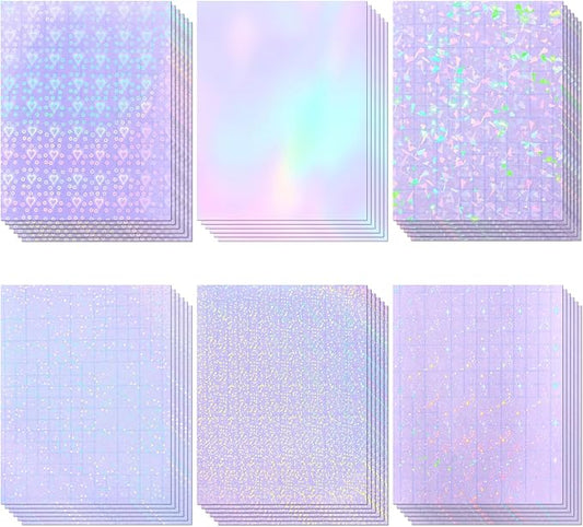 36 Sheets Holographic Laminating Sheets, 8.5x11 Inch Clear Holographic Sticker Paper with Self-Adhesive Waterproof Vinyl Overlay, 6 Patterns Transparent Laminate Film for DIY Stickers, Photos, Crafts